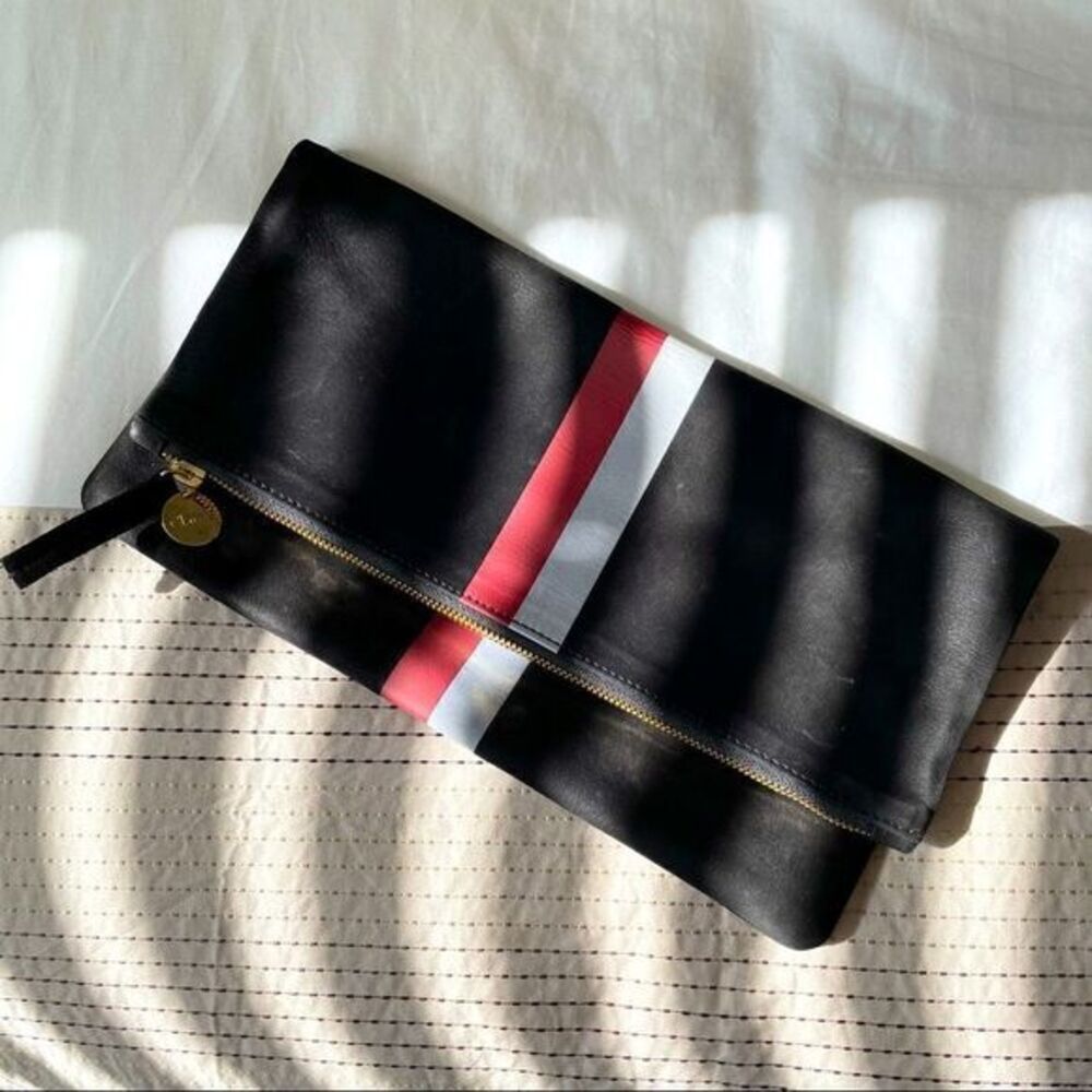 CLARE V Flat Clutch Black Leather Red Light Grey Blue Stripe